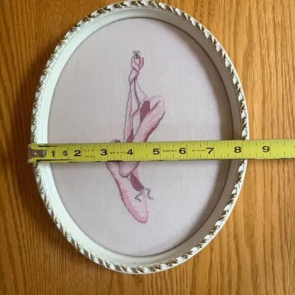 Framed Cross Stitch Ballerina Shoes In￼ Gorgeous white with Gold Oval Wood Frame - Picture 7 of 8